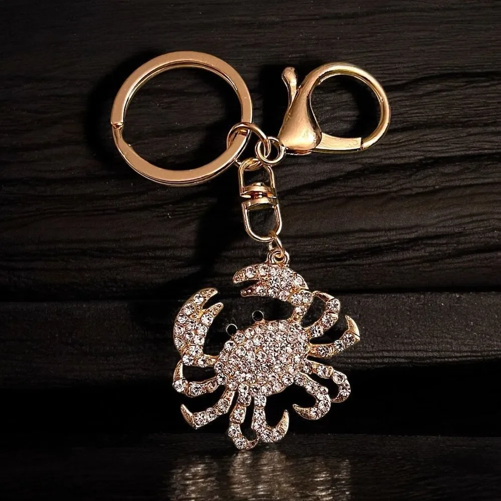 Crab White Rhinestone Gold Tone Keychain NWT